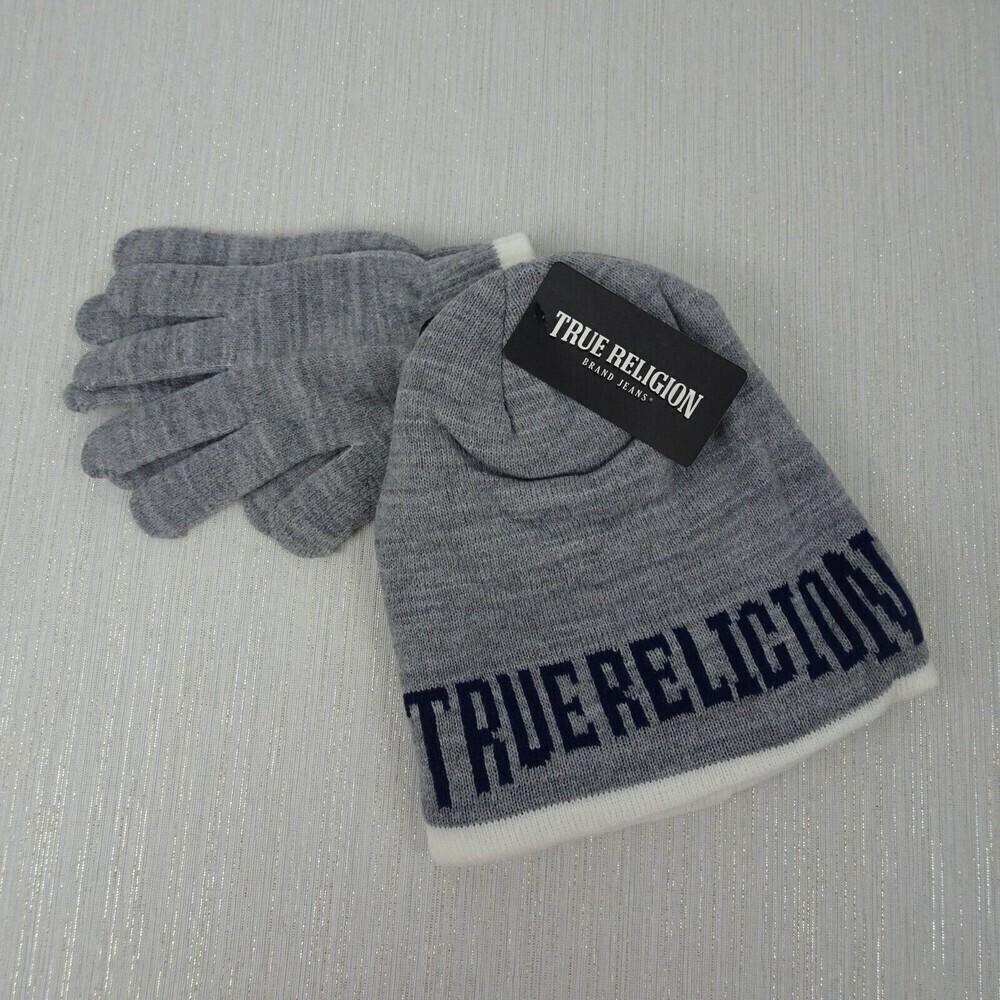TRUE RELIGION Kid's Beanie & Gloves 2-PC Set Logo Heather Gray Boys Girls Unisex